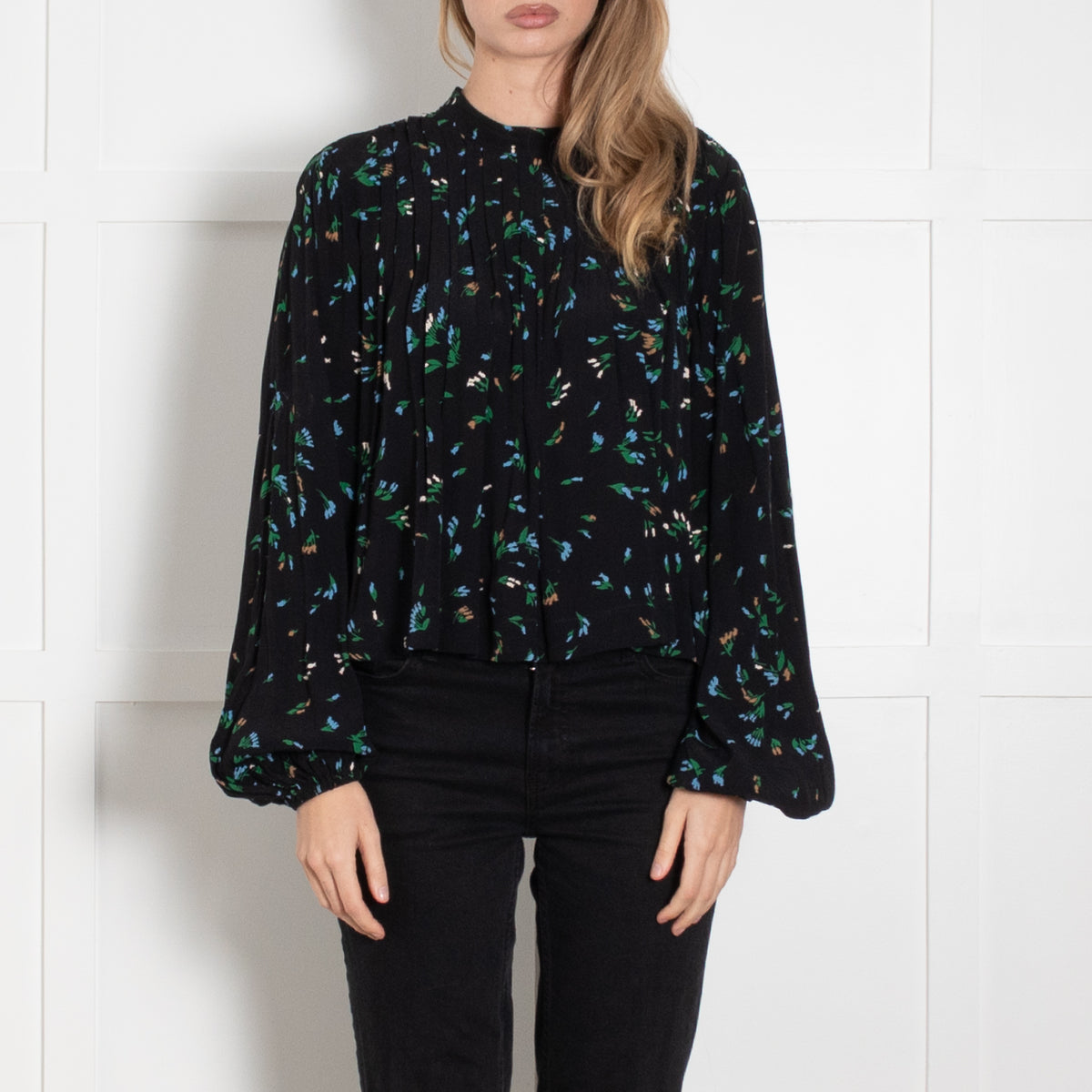Ganni Black Blue Green Floral Long Sleeve Swing Top