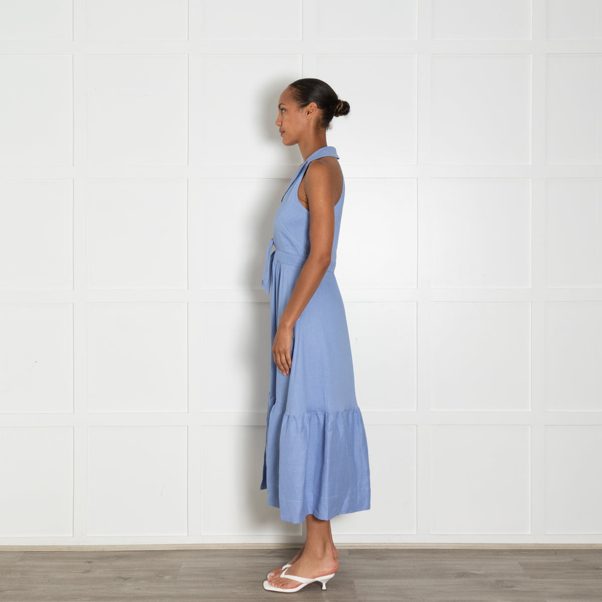 Temperley Blue Linen Blend Sleeveless Front Button Dress