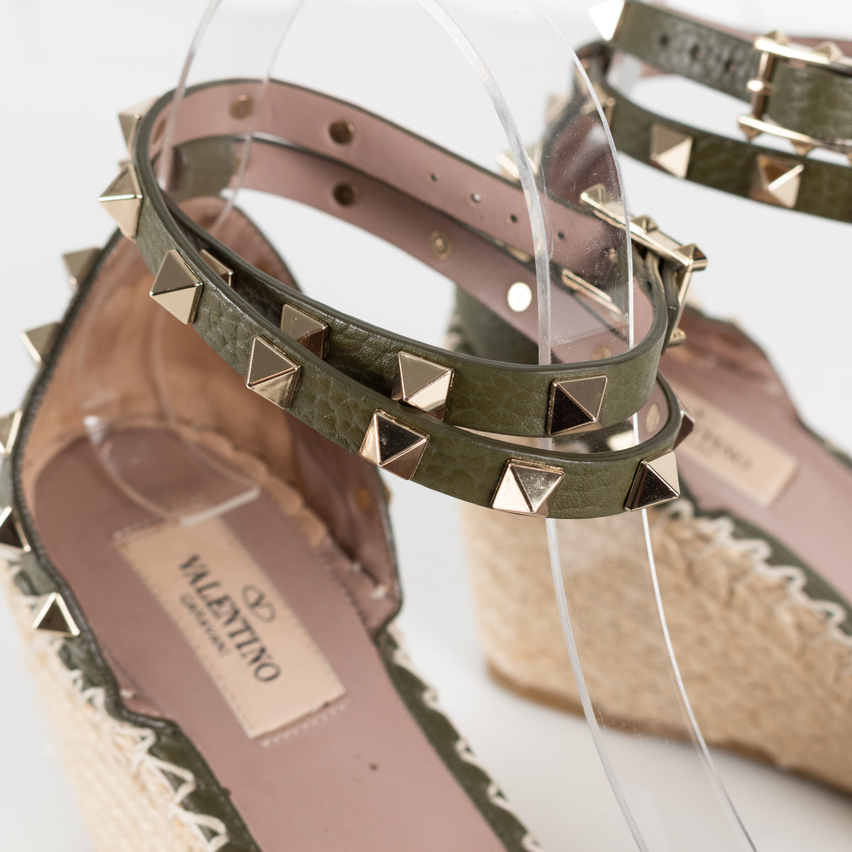 Valentino Khaki Wedge Leather Rockstud Espadrilles