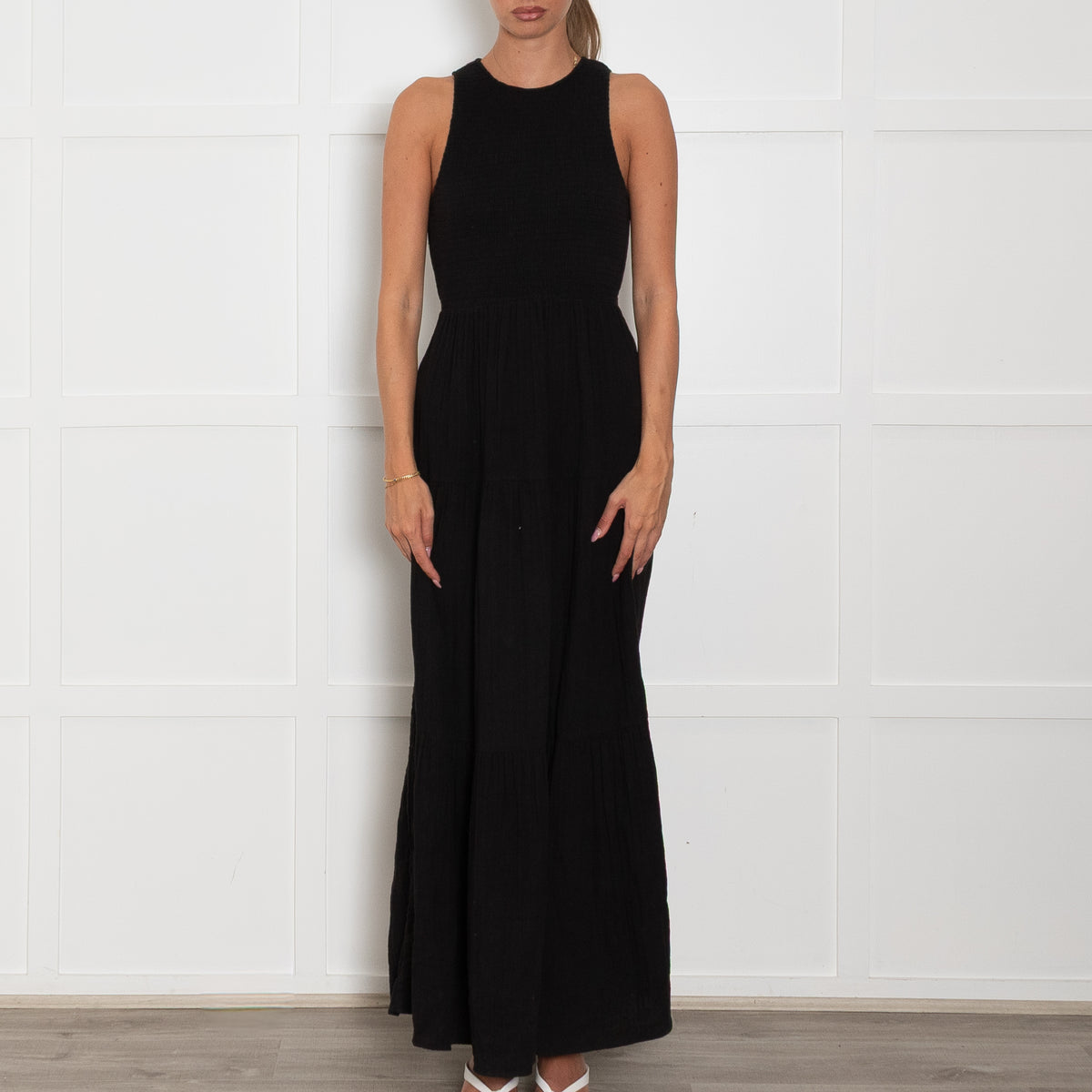 Me + Em Black Cheesecloth Cutout Smock Midi Dress