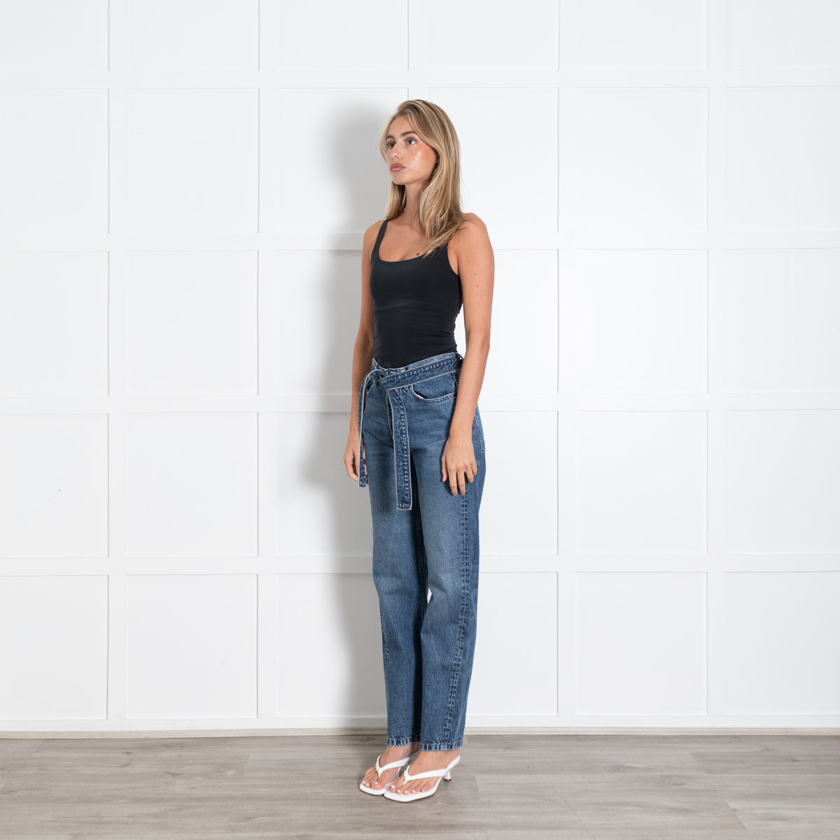 The Kooples Blue Denim Gathered Waist Belted Straight Leg Jeans