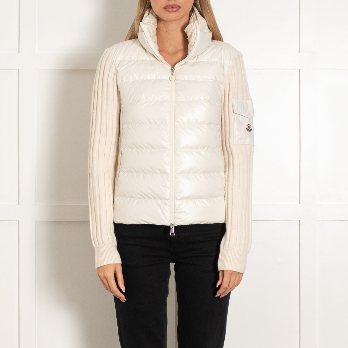 Moncler Cream Padded Wool Zip Up Jacket