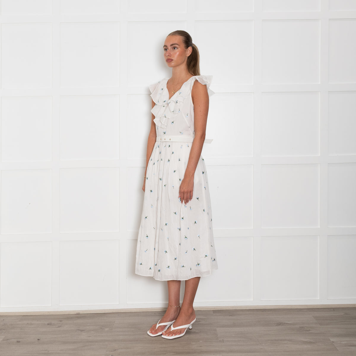 Kate Spade  White Blue Flower Belted Frill Trim Dress
