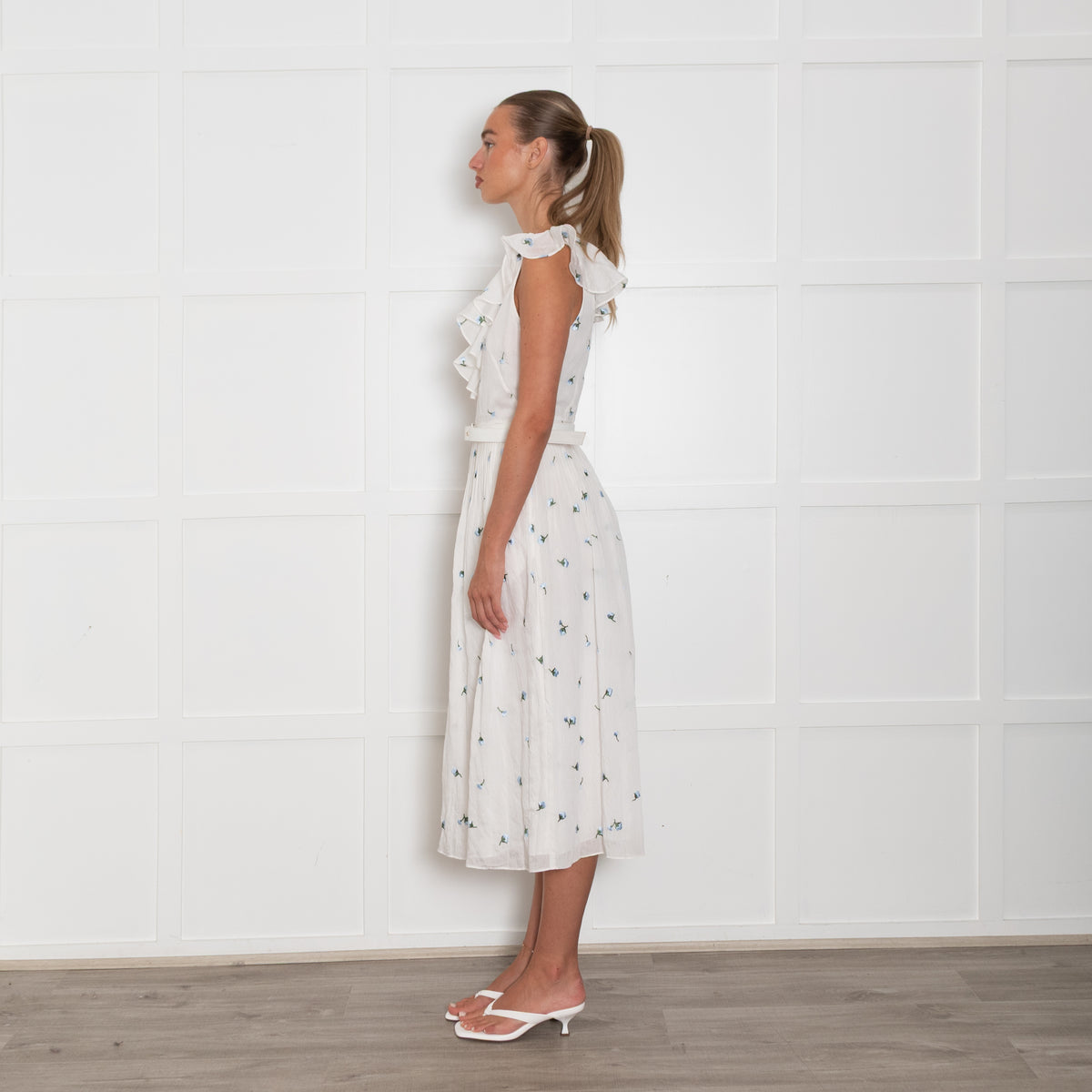 Kate Spade  White Blue Flower Belted Frill Trim Dress