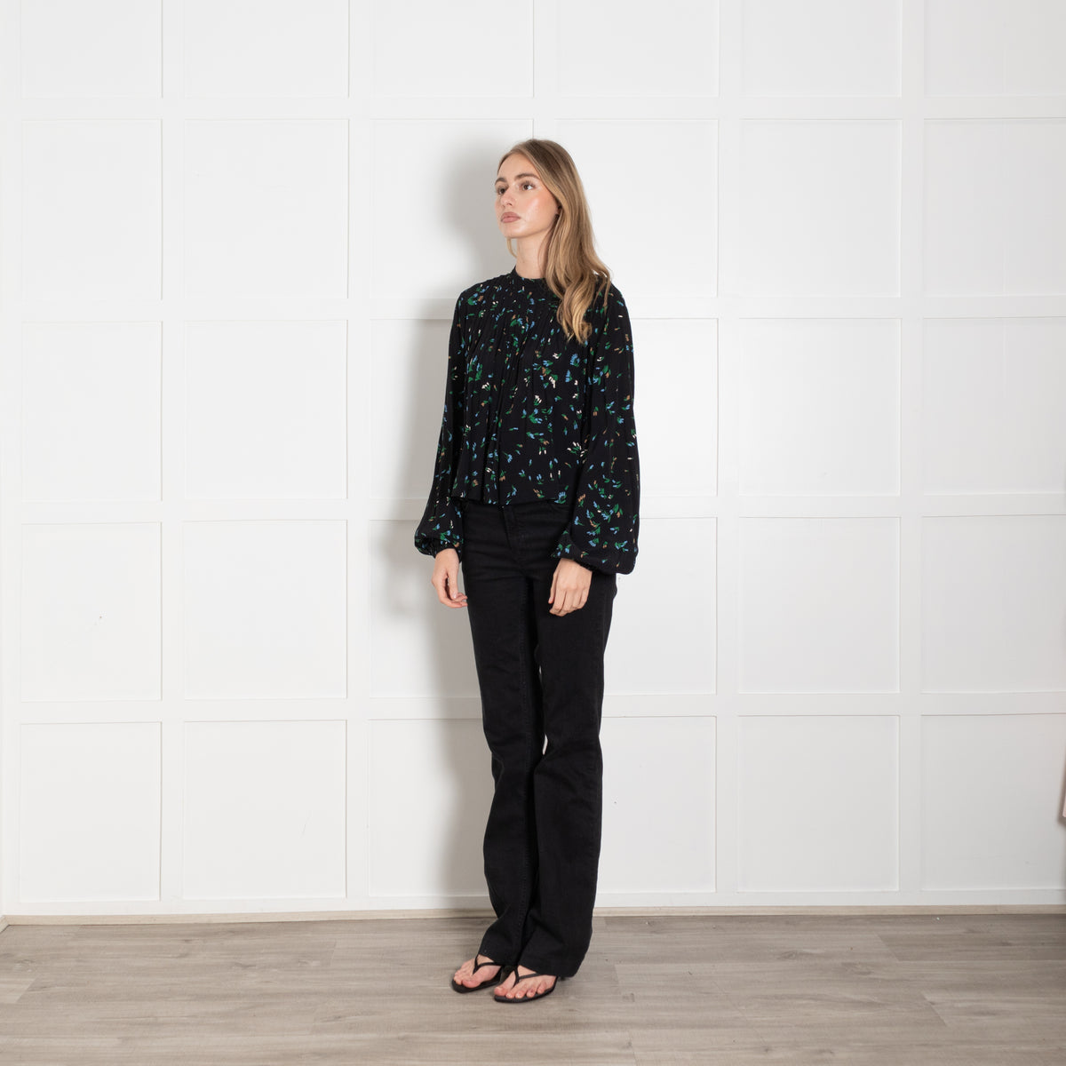 Ganni Black Blue Green Floral Long Sleeve Swing Top