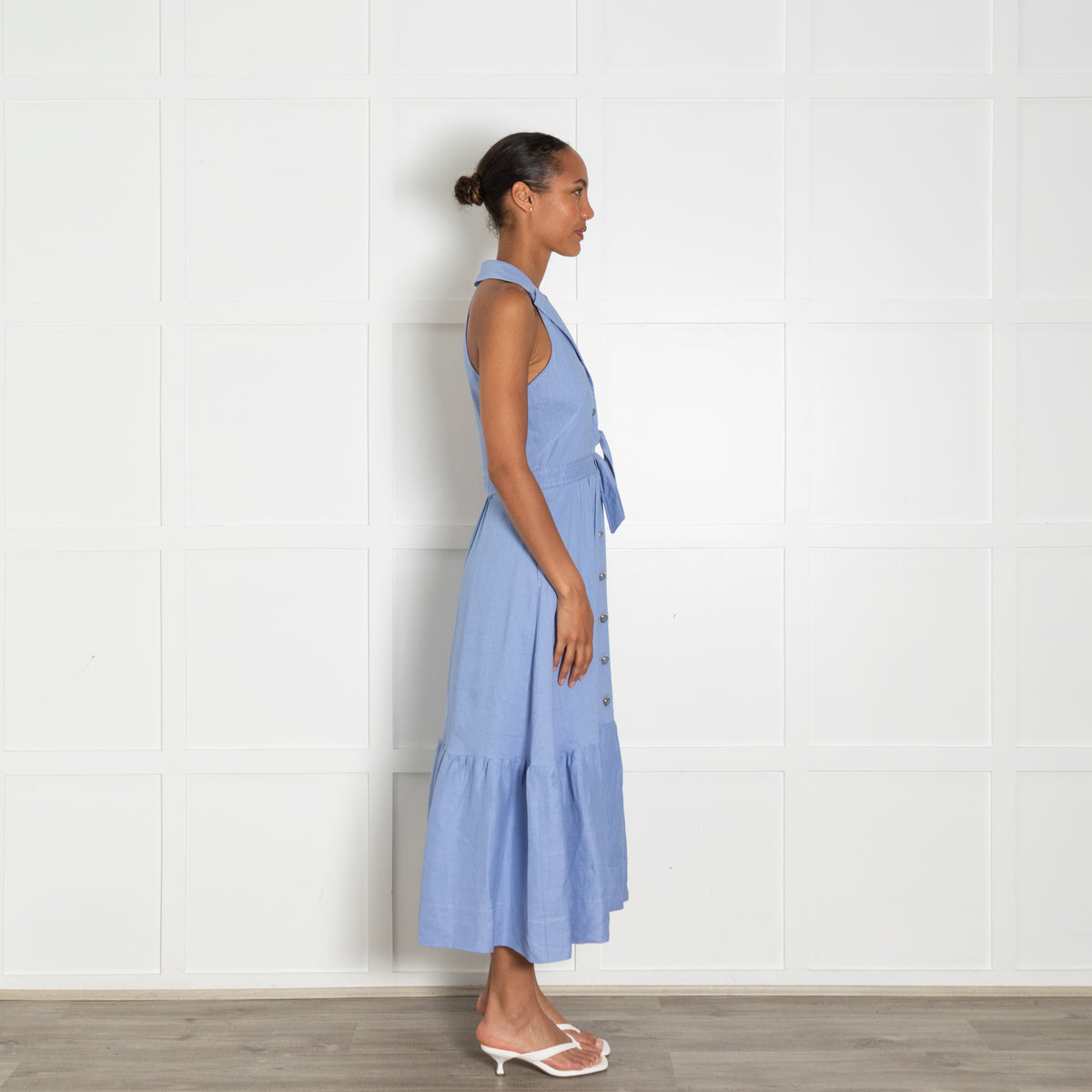 Temperley Blue Linen Blend Sleeveless Front Button Dress