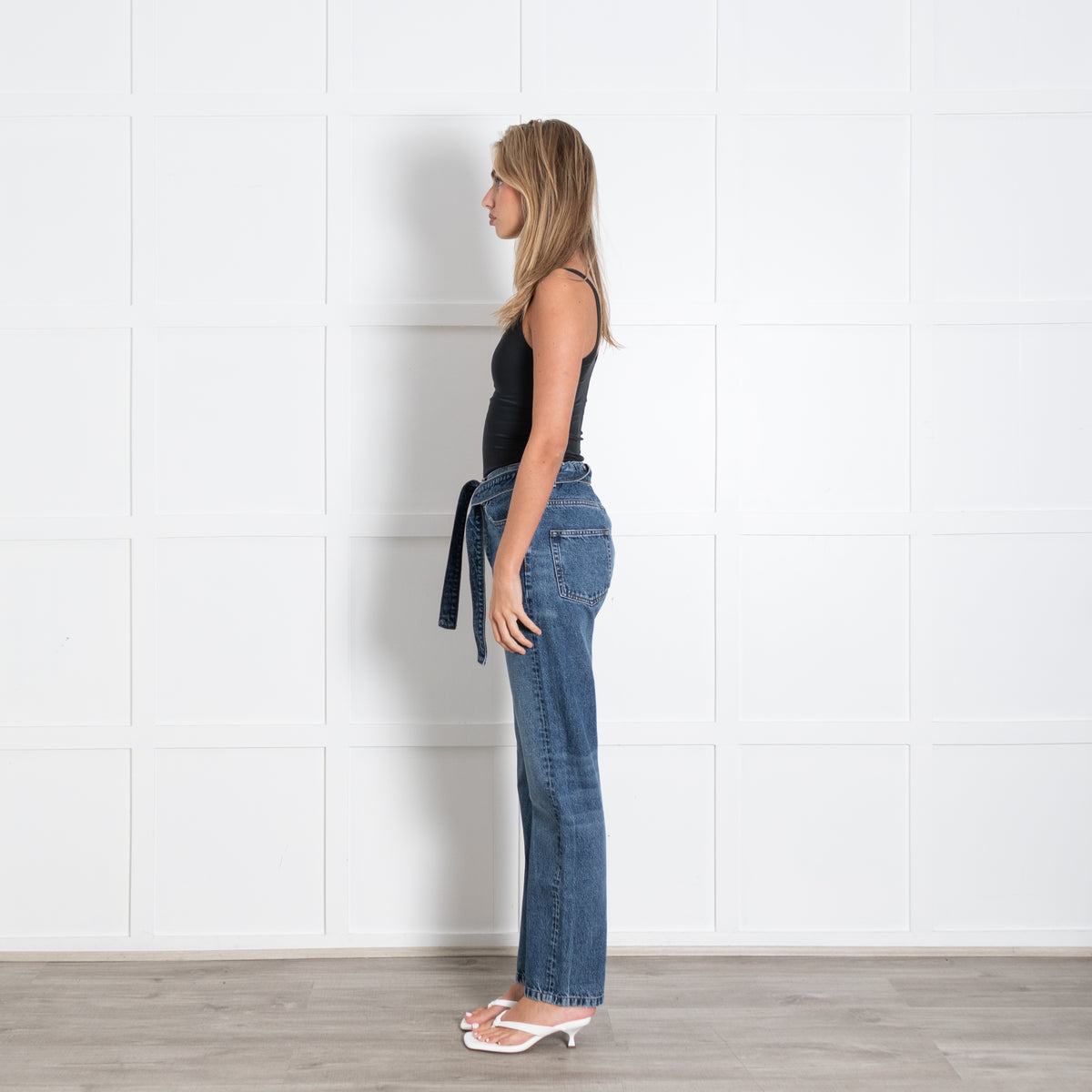 The Kooples Blue Denim Gathered Waist Belted Straight Leg Jeans