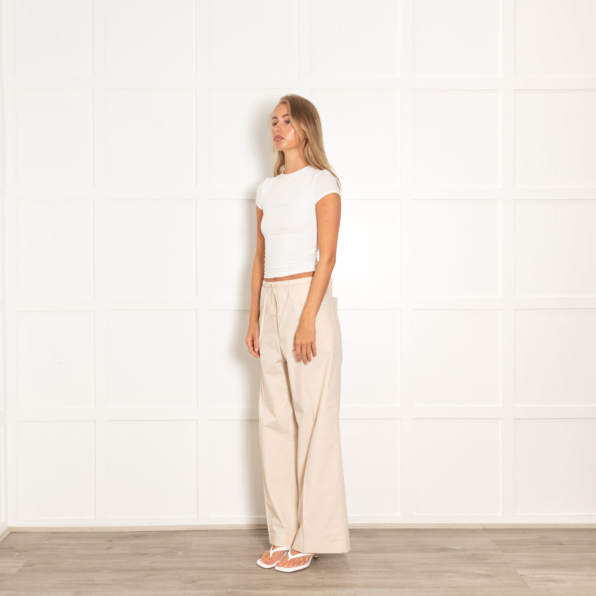 Toteme Beige Cotton Straight Trousers Drawstring Waist