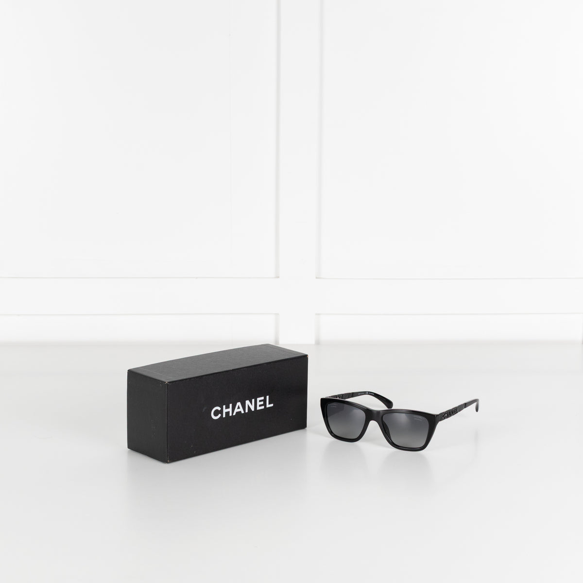 Chanel Black Logo Sunglasses with Matte Black Hammered Arms