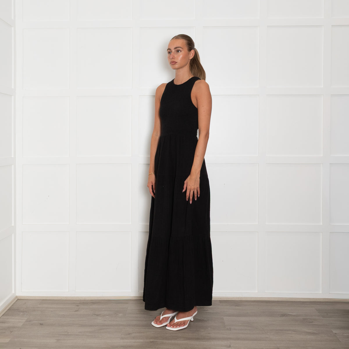 Me + Em Black Cheesecloth Cutout Smock Midi Dress