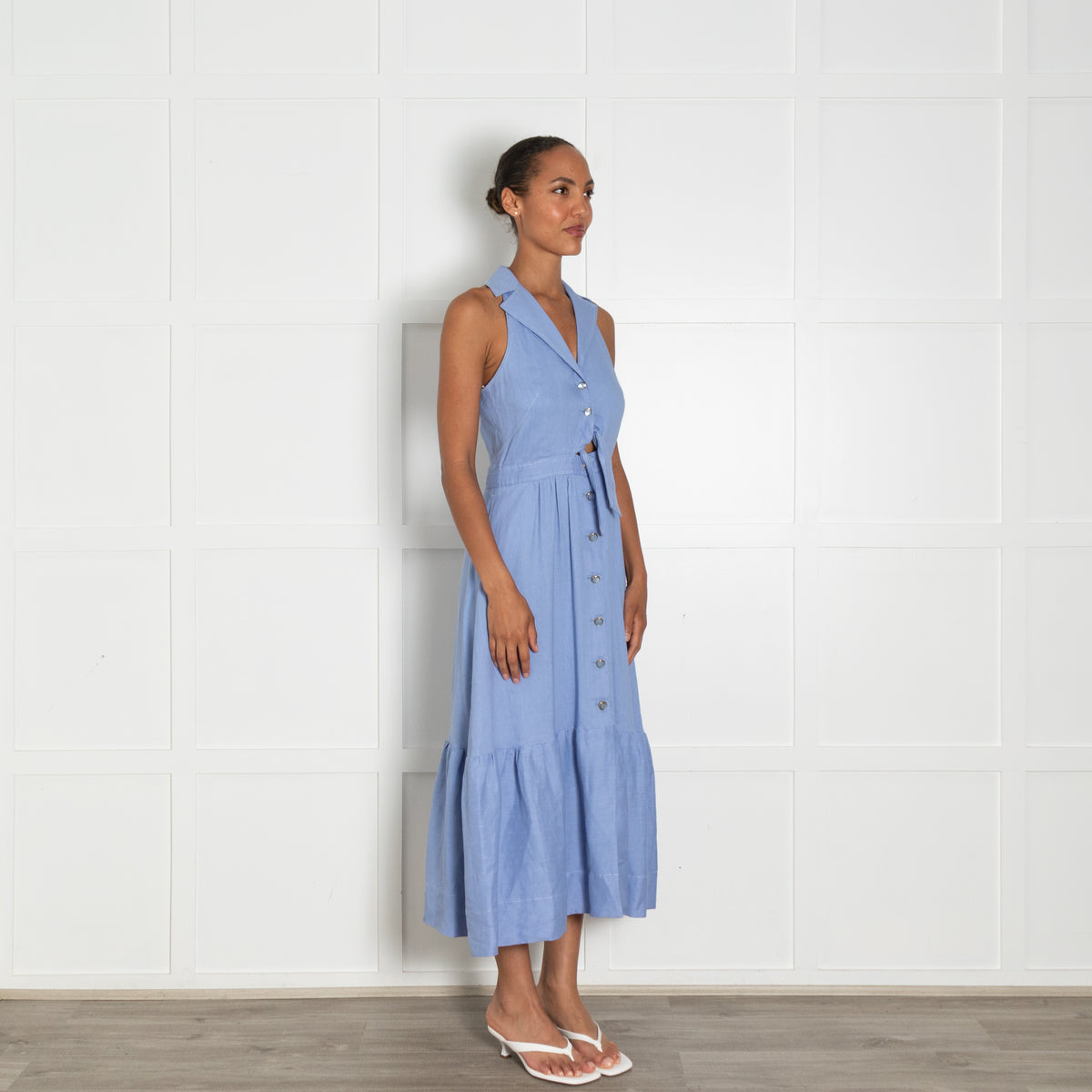 Temperley Blue Linen Blend Sleeveless Front Button Dress