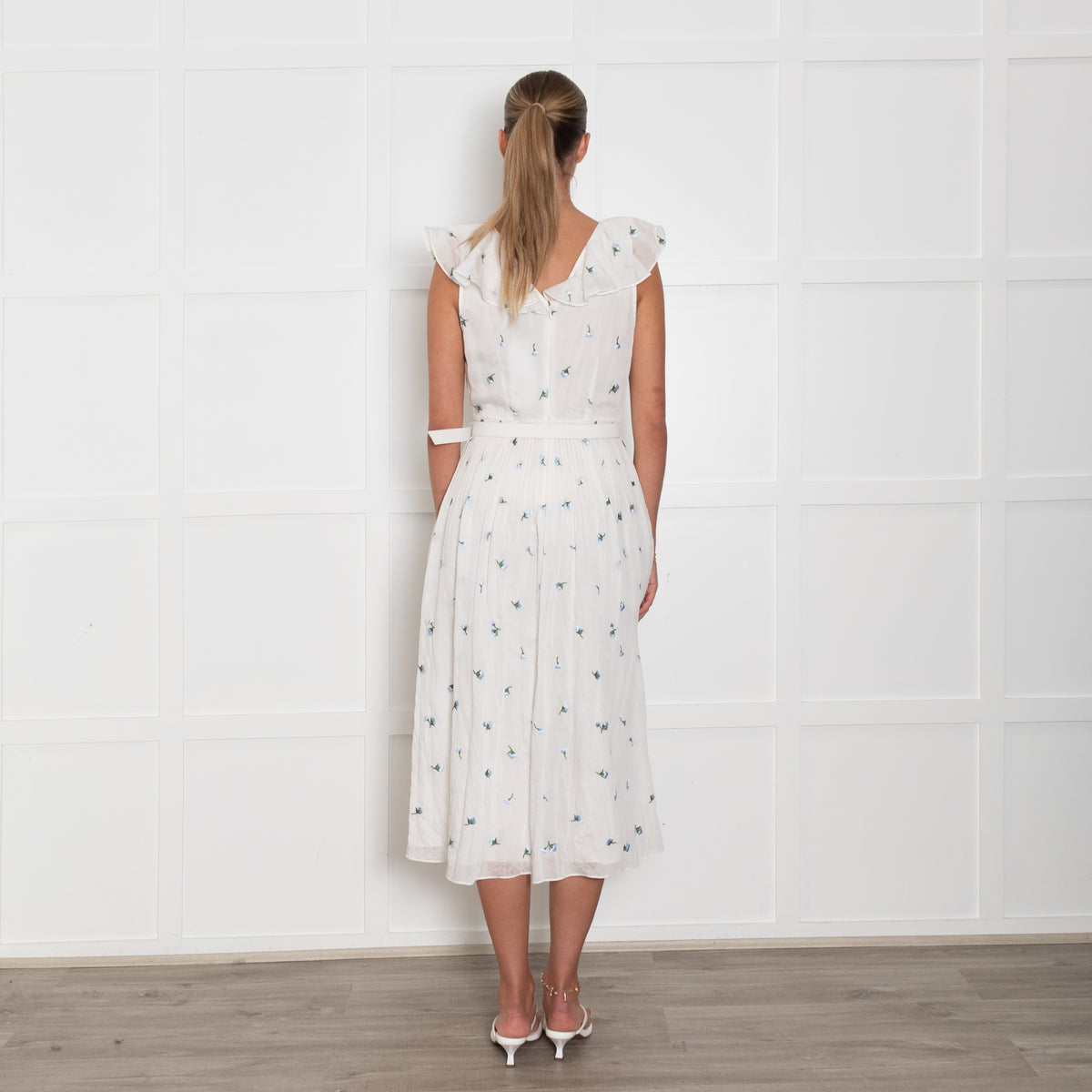 Kate Spade  White Blue Flower Belted Frill Trim Dress