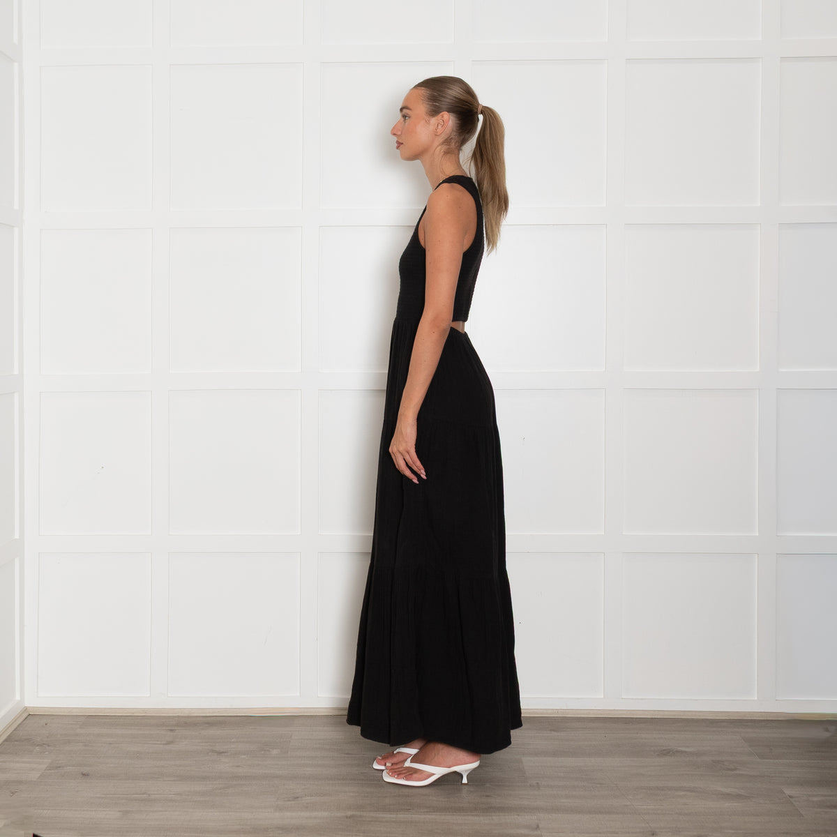 Me + Em Black Cheesecloth Cutout Smock Midi Dress