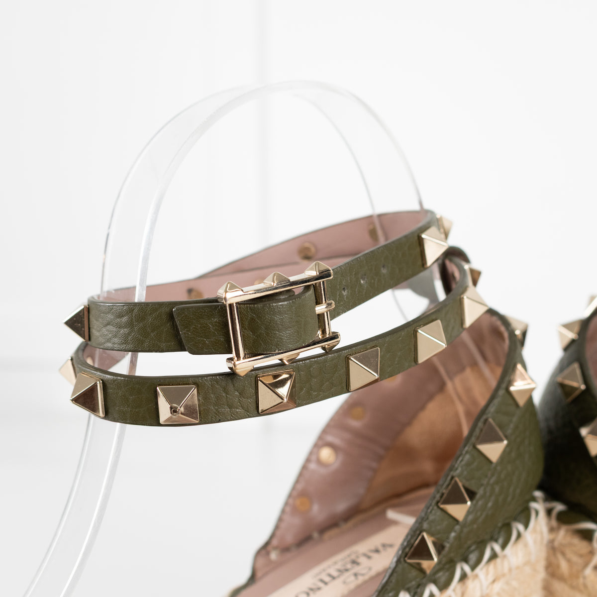Valentino Khaki Wedge Leather Rockstud Espadrilles
