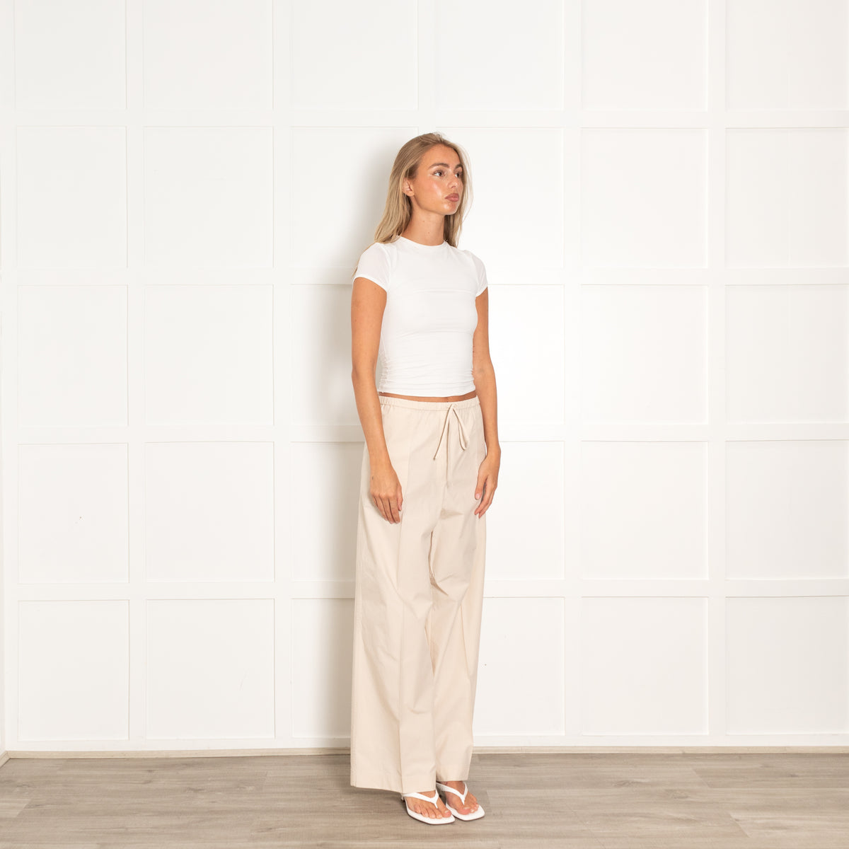 Toteme Beige Cotton Straight Trousers Drawstring Waist