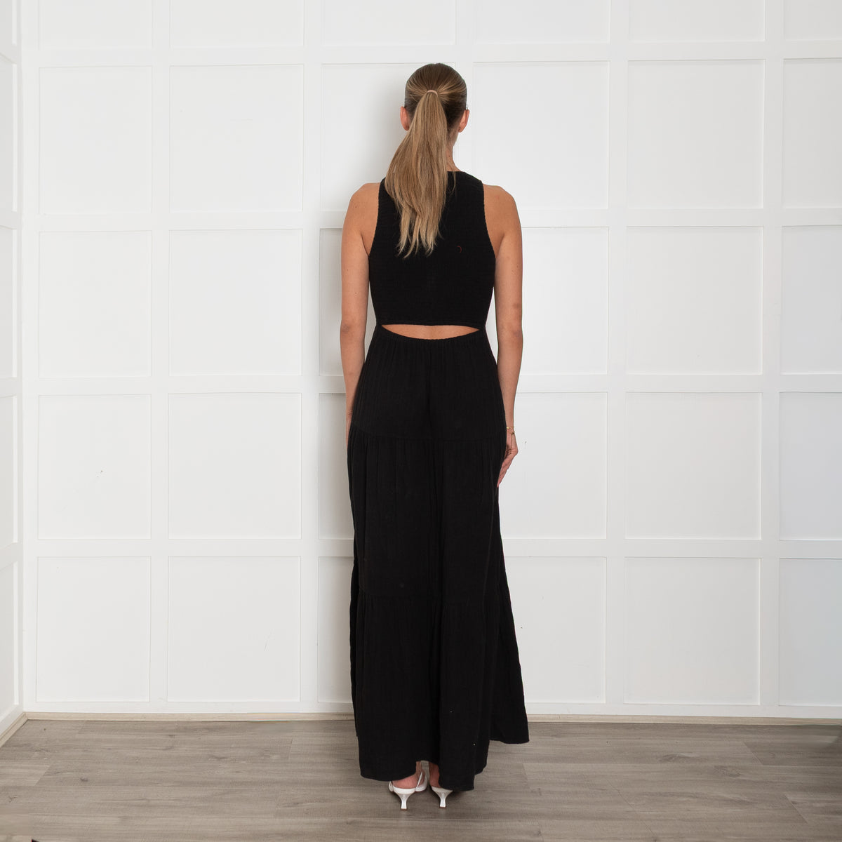 Me + Em Black Cheesecloth Cutout Smock Midi Dress