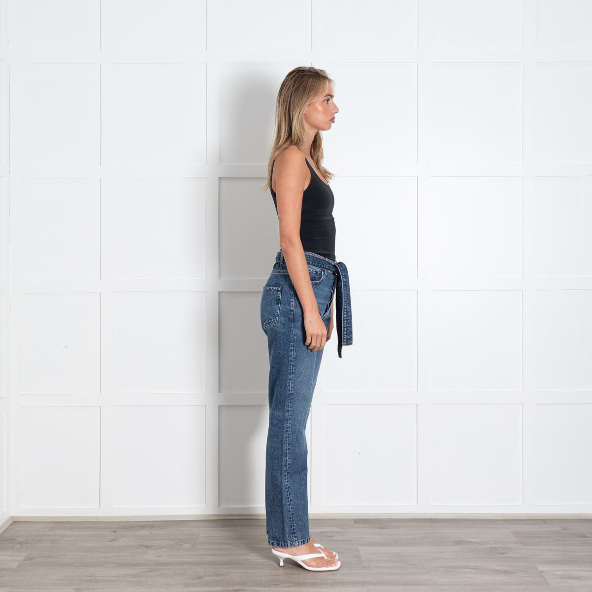 The Kooples Blue Denim Gathered Waist Belted Straight Leg Jeans
