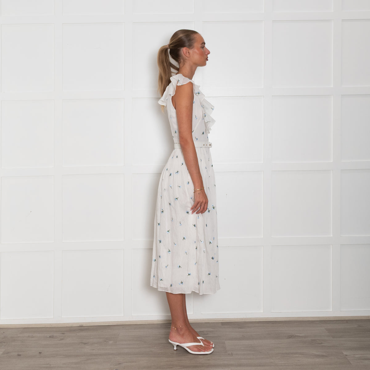 Kate Spade  White Blue Flower Belted Frill Trim Dress