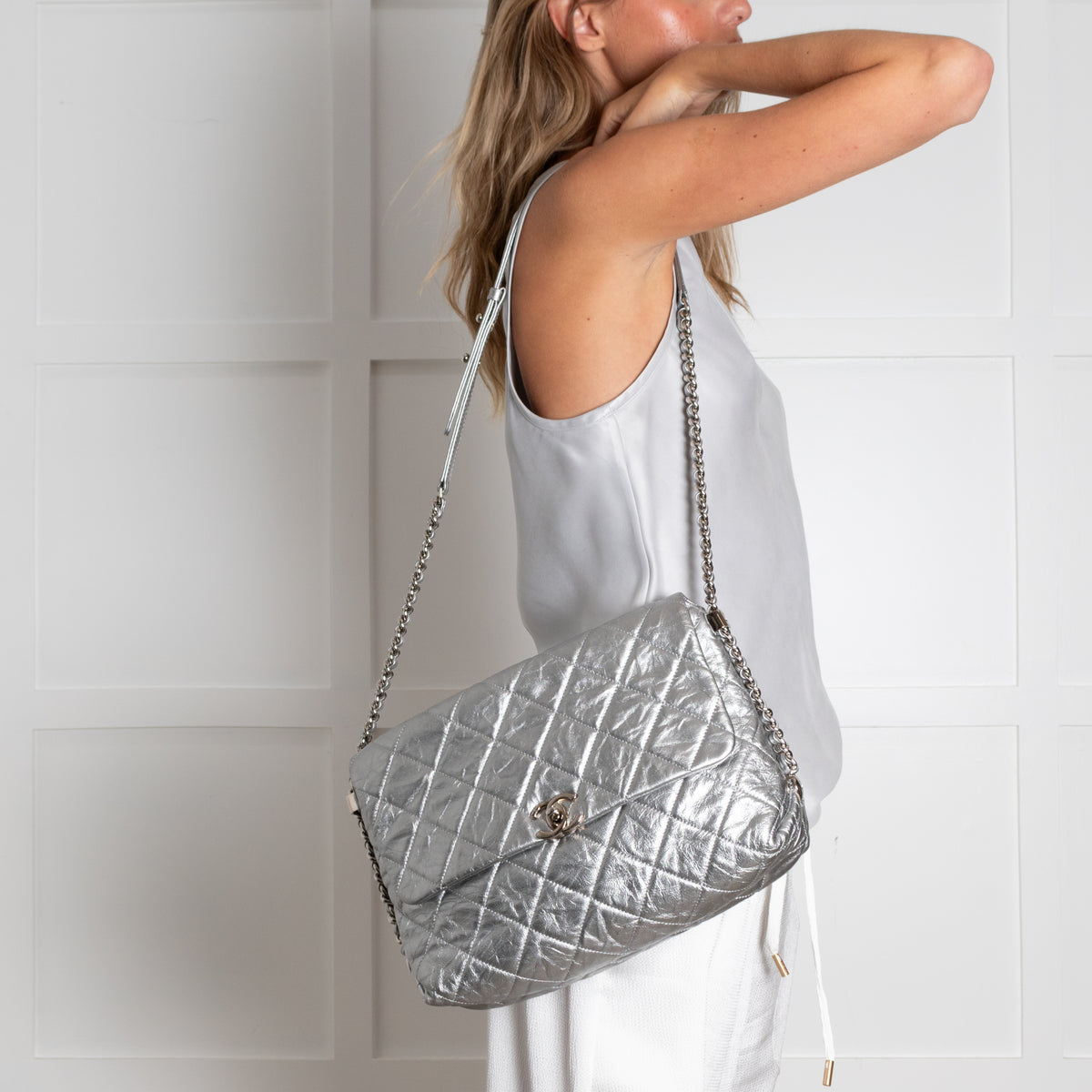 Chanel Leather Turn Lock Chain Silver Shoulder Bag