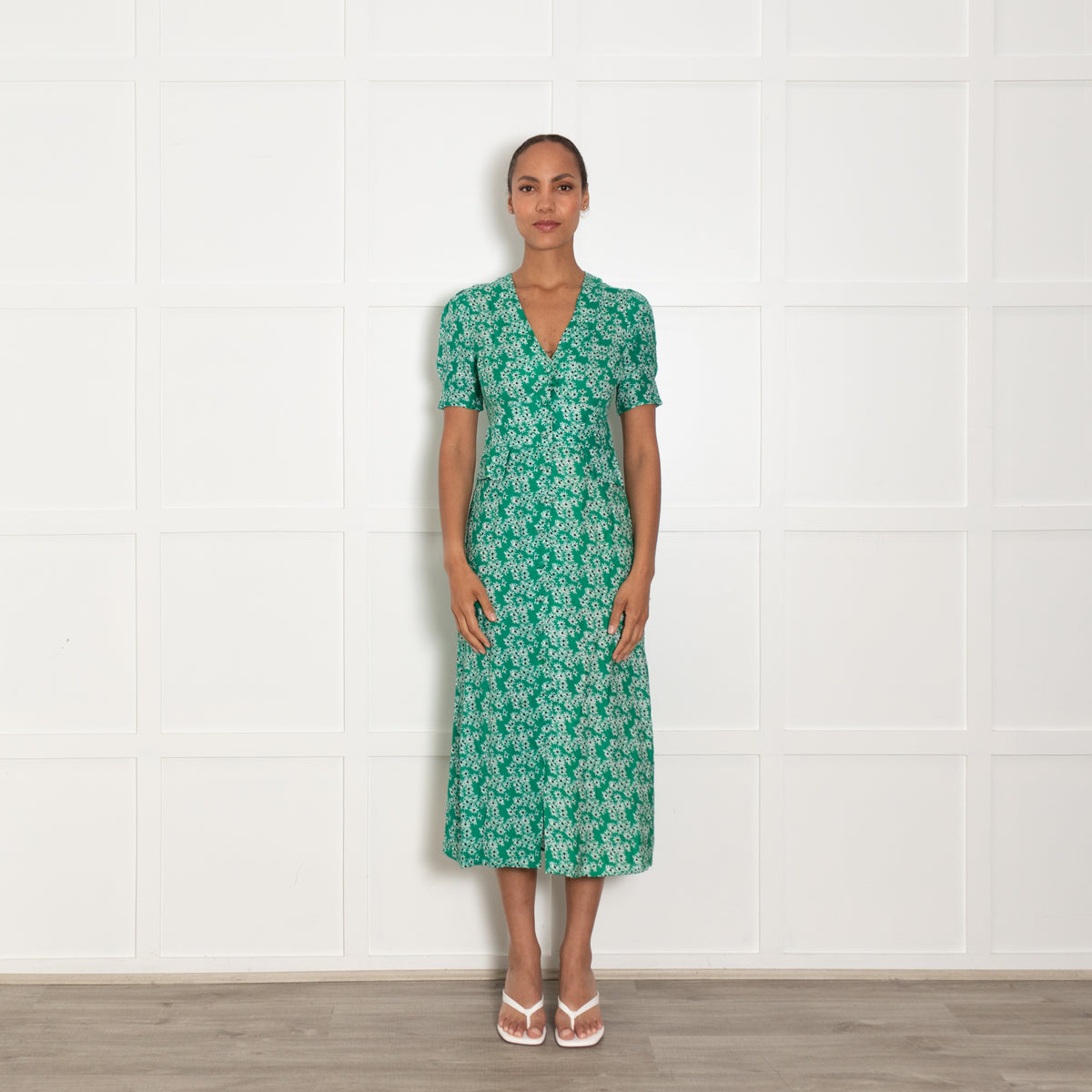 Rixo Green White Floral Midi Dress