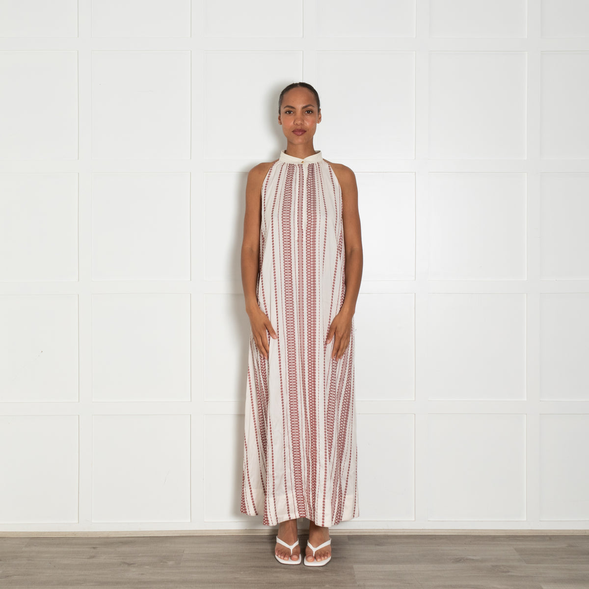 Zeus + Dione Cream Burgundy Sleeveless Silk Blend Long Dress