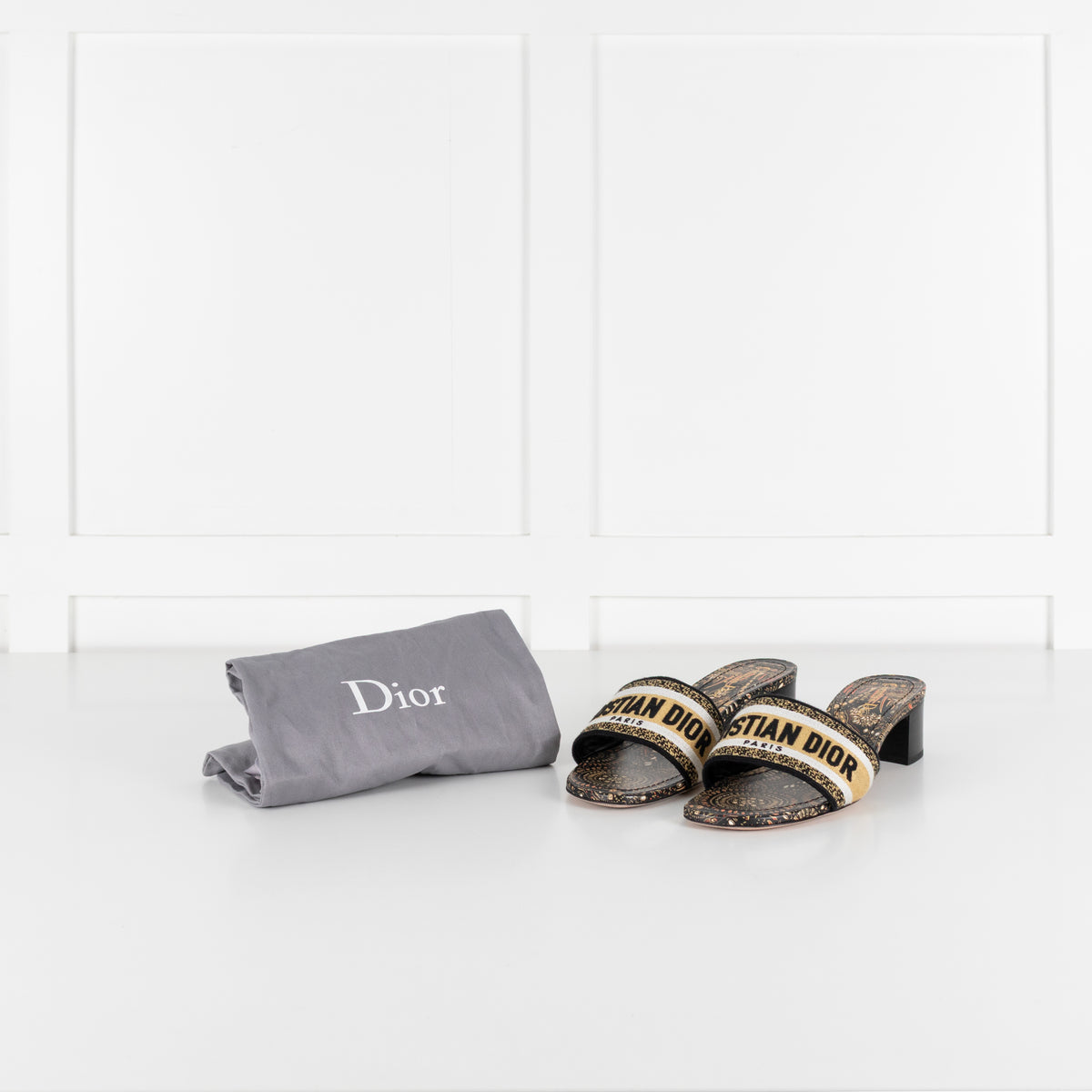 Christian Dior Black Beige Embroidered Dway Heeled Mules