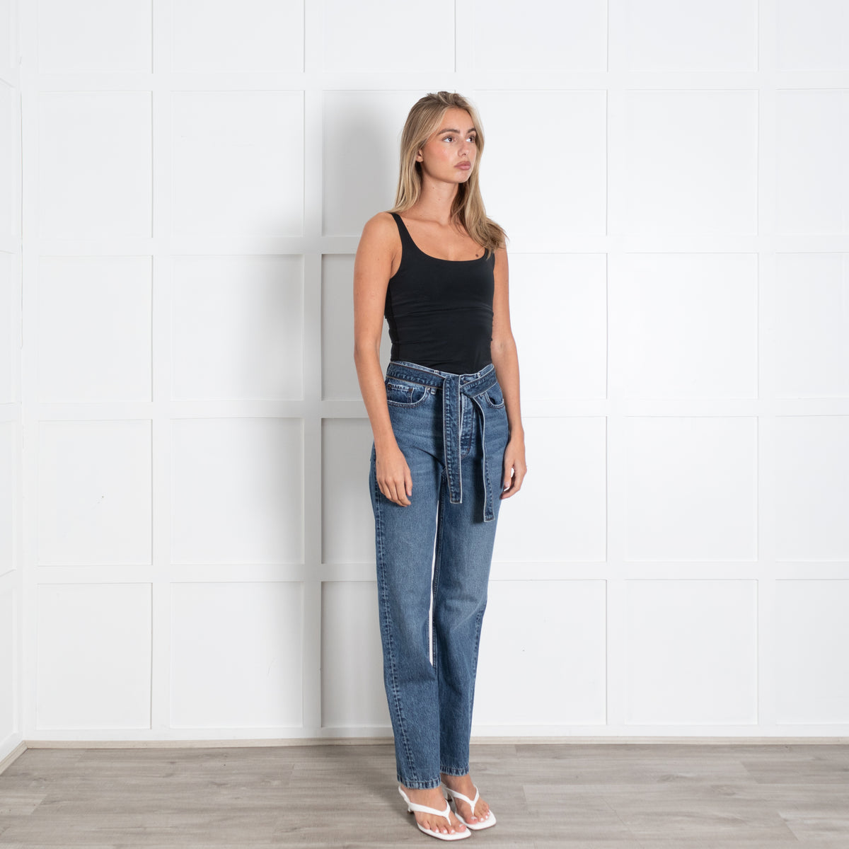 The Kooples Blue Denim Gathered Waist Belted Straight Leg Jeans