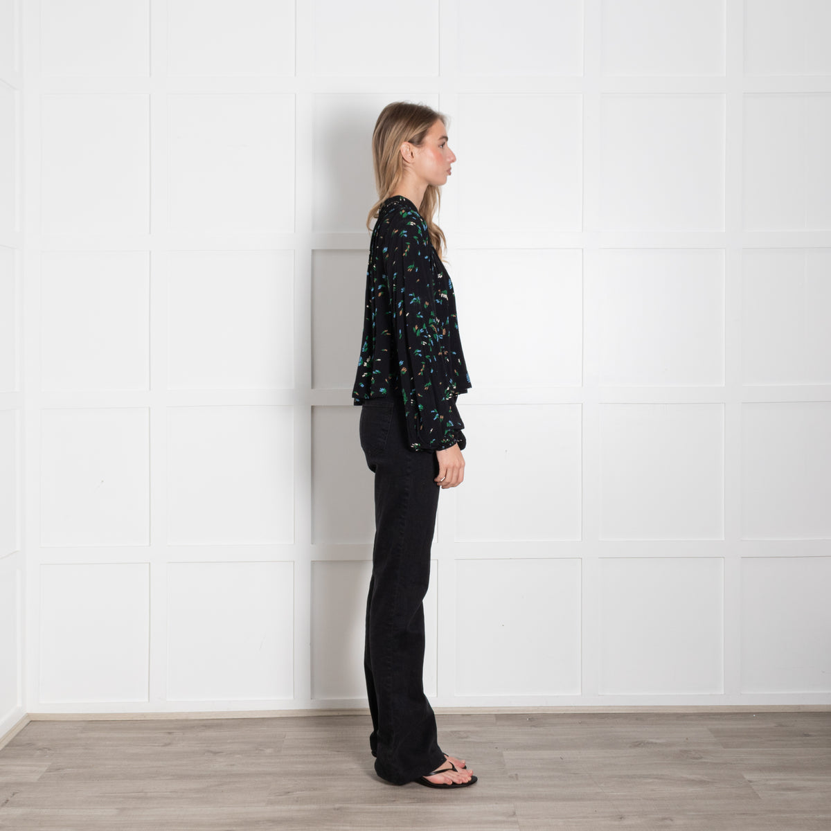 Ganni Black Blue Green Floral Long Sleeve Swing Top