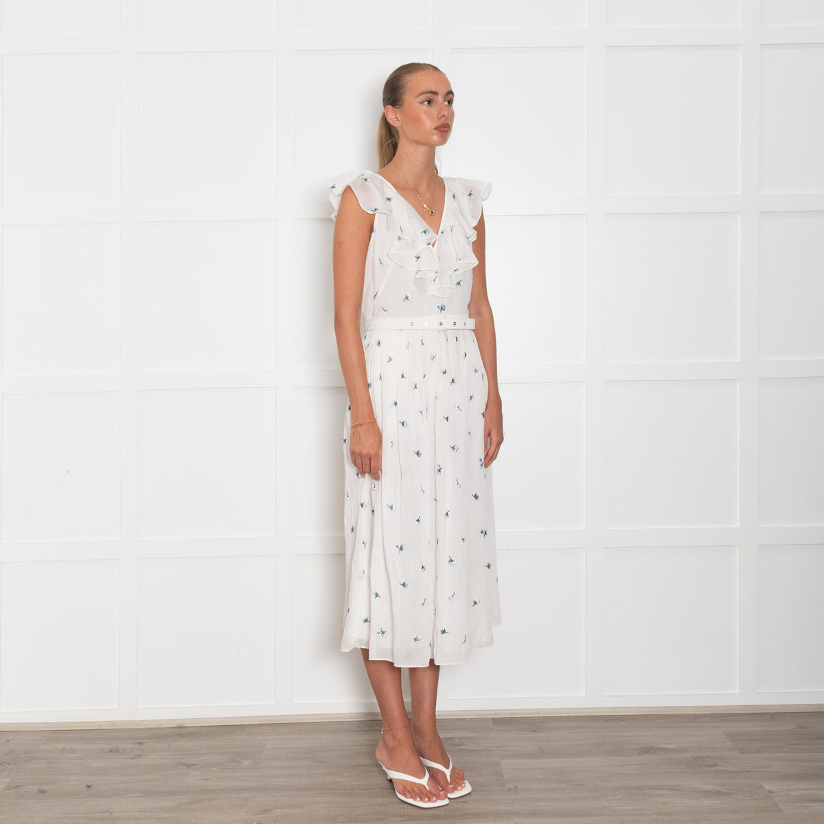 Kate Spade  White Blue Flower Belted Frill Trim Dress