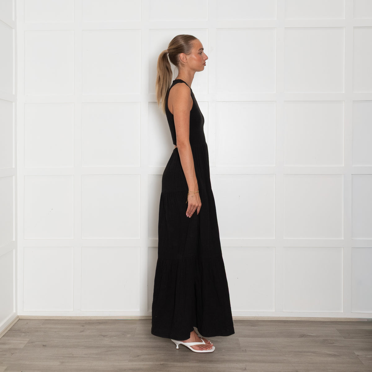 Me + Em Black Cheesecloth Cutout Smock Midi Dress