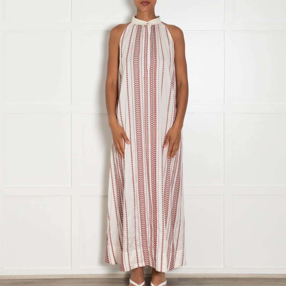 Zeus + Dione Cream Burgundy Sleeveless Silk Blend Long Dress