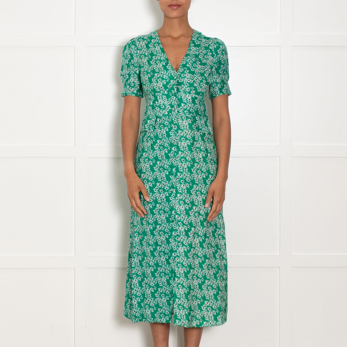 Rixo Green White Floral Midi Dress