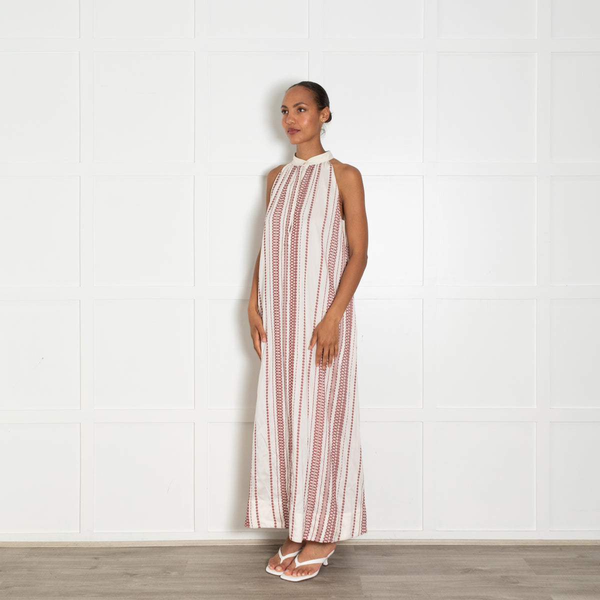 Zeus + Dione Cream Burgundy Sleeveless Silk Blend Long Dress