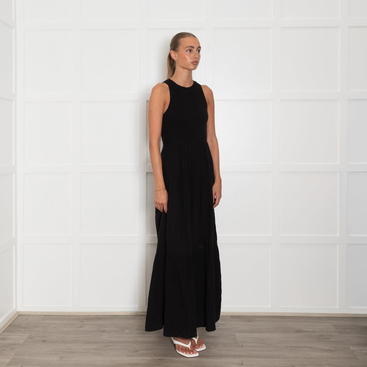 Me + Em Black Cheesecloth Cutout Smock Midi Dress
