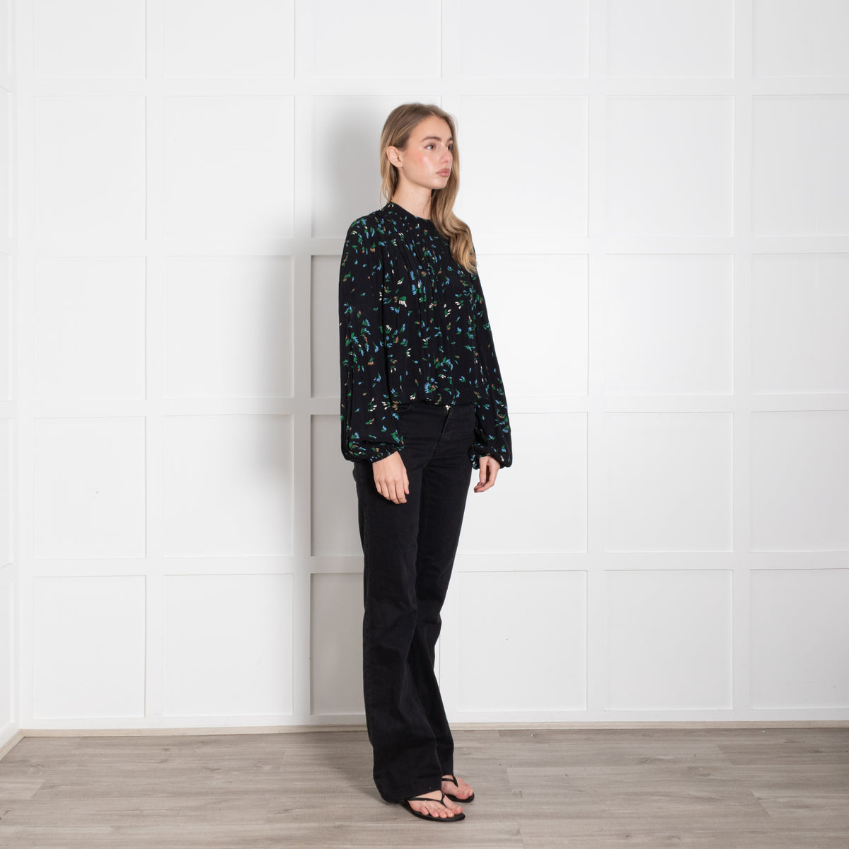 Ganni Black Blue Green Floral Long Sleeve Swing Top