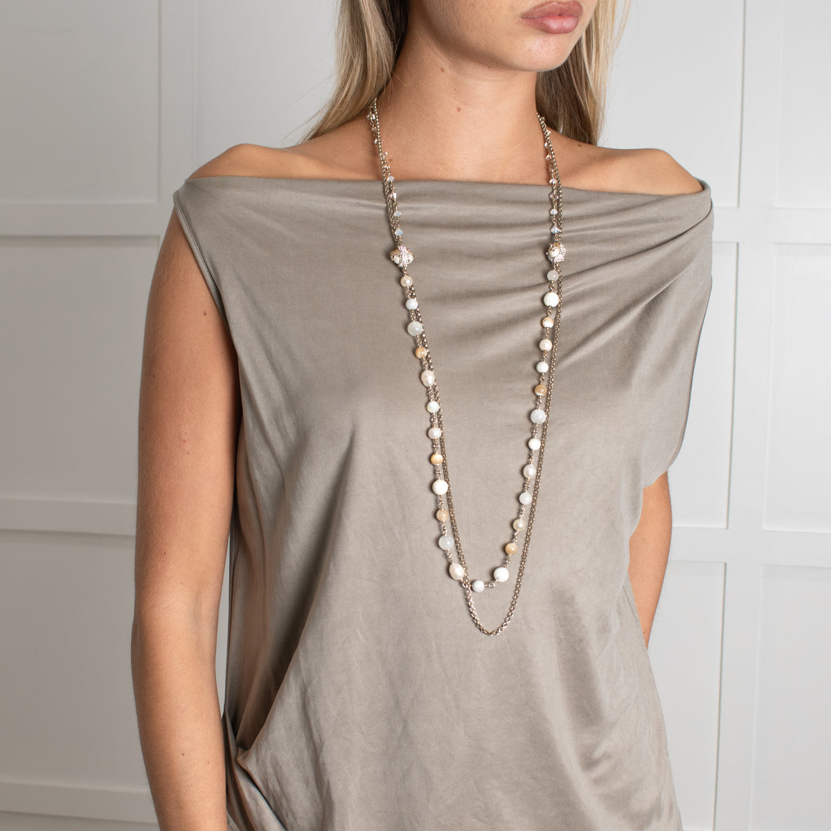Chanel Cream Caramel Bead Faux Pearl Metal Long Necklace