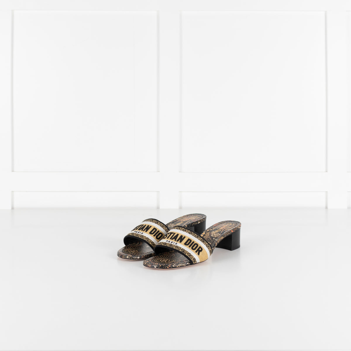 Christian Dior Black Beige Embroidered Dway Heeled Mules
