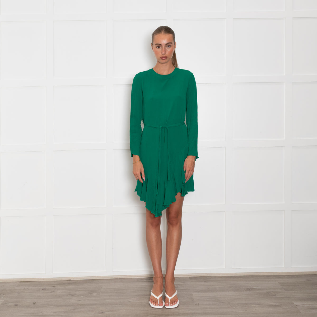 Maje Green Frill Detail Long Sleeve Mini Dress
