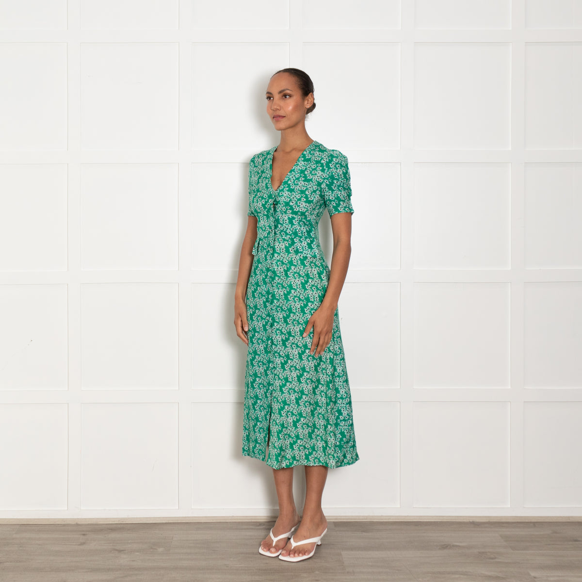 Rixo Green White Floral Midi Dress