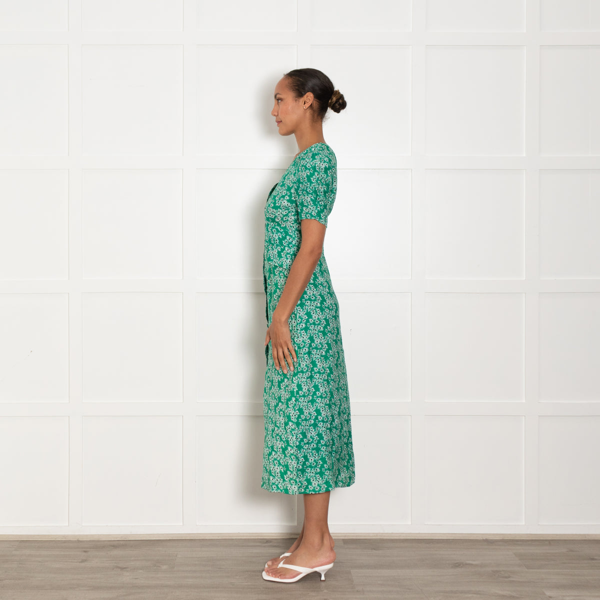 Rixo Green White Floral Midi Dress