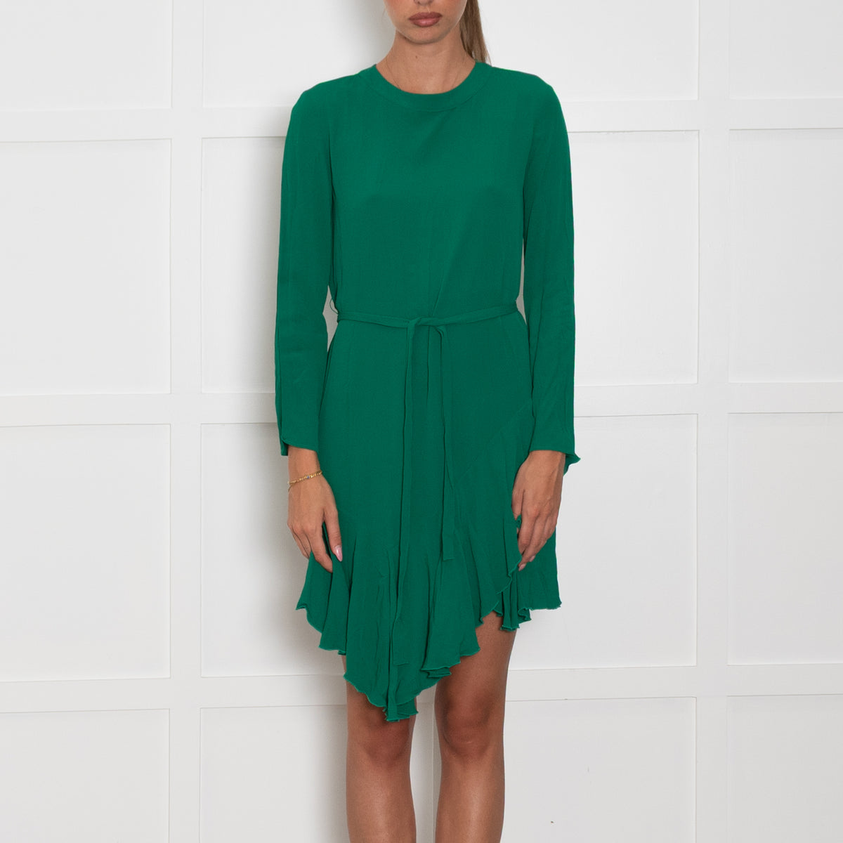 Maje Green Frill Detail Long Sleeve Mini Dress