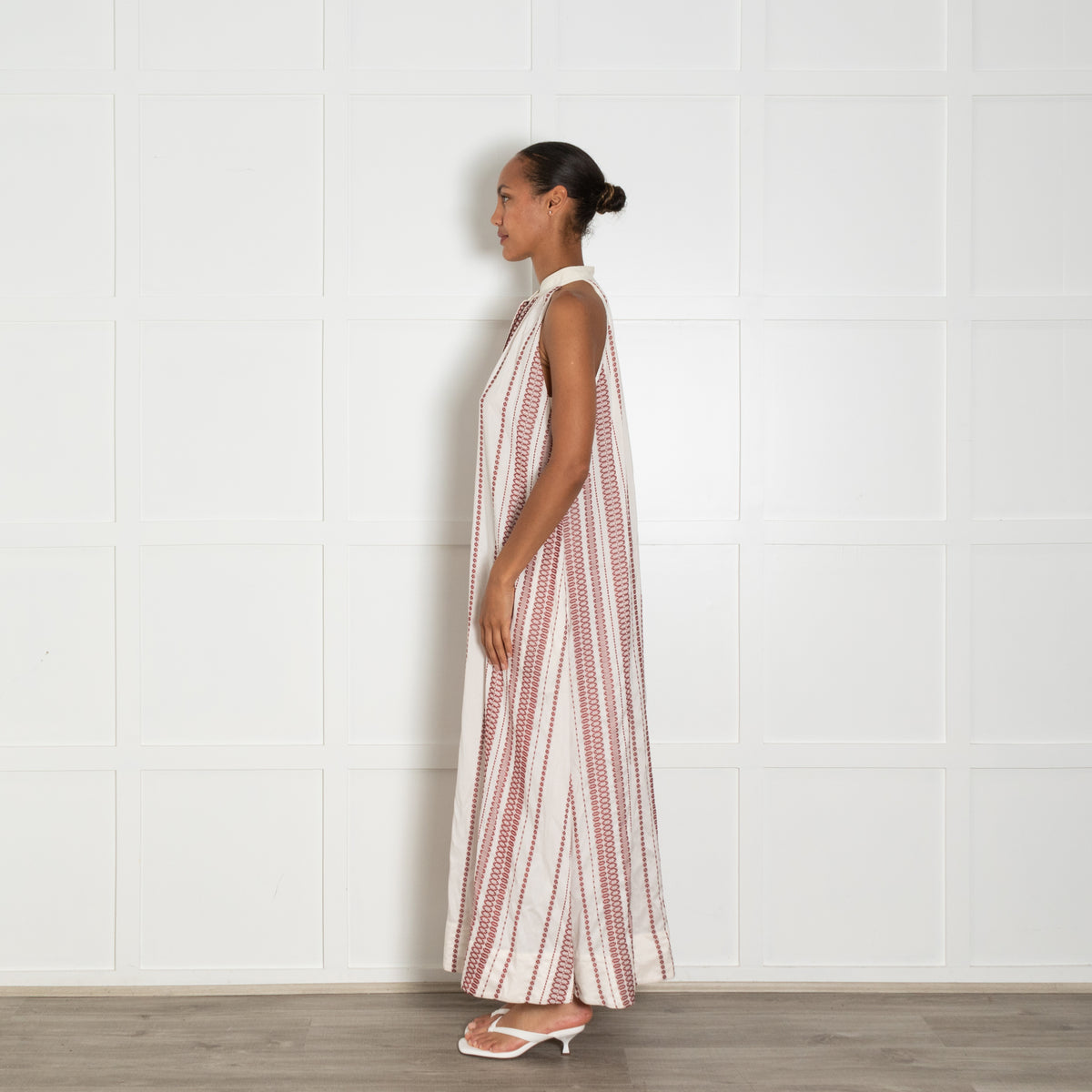 Zeus + Dione Cream Burgundy Sleeveless Silk Blend Long Dress