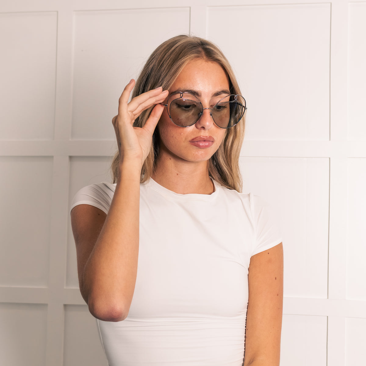 Linda Farrow Silver Titanium Cateye Sunglasses with Green lense