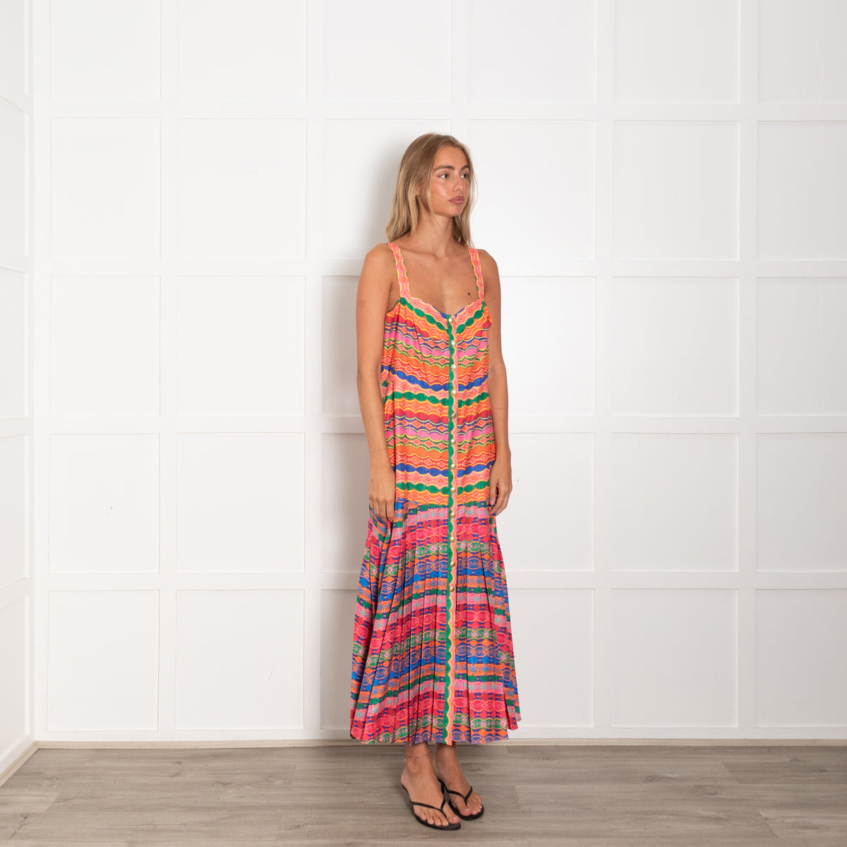 Saloni Multicolour Geometric Print Pleated Sleeveless Dress