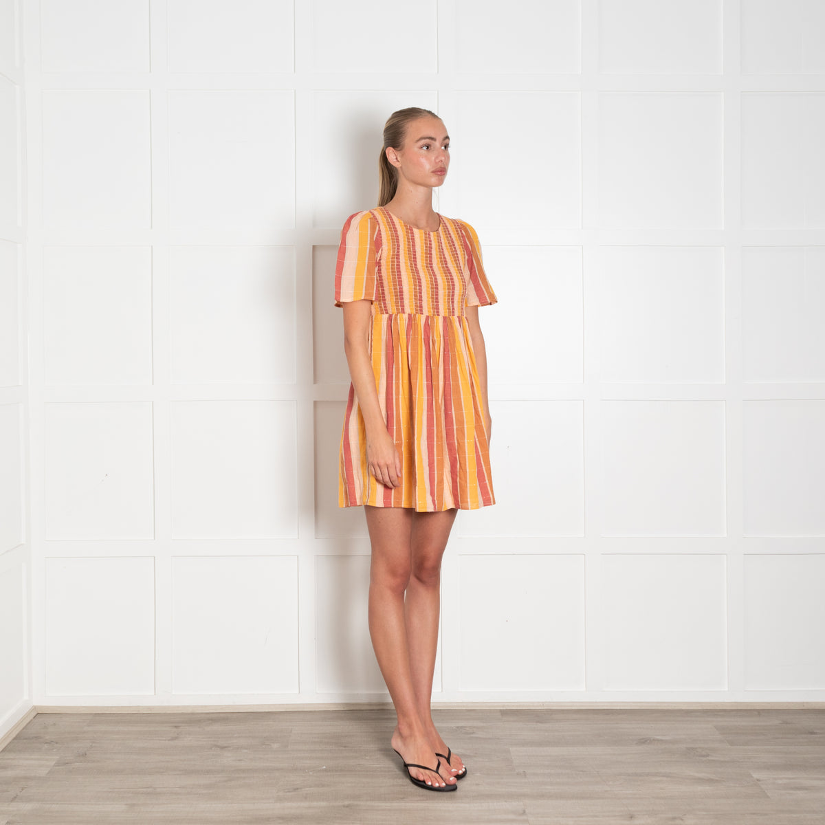 Sezane Yellow Brown Smocking Detail Short Sleeve Cotton Mini Dress