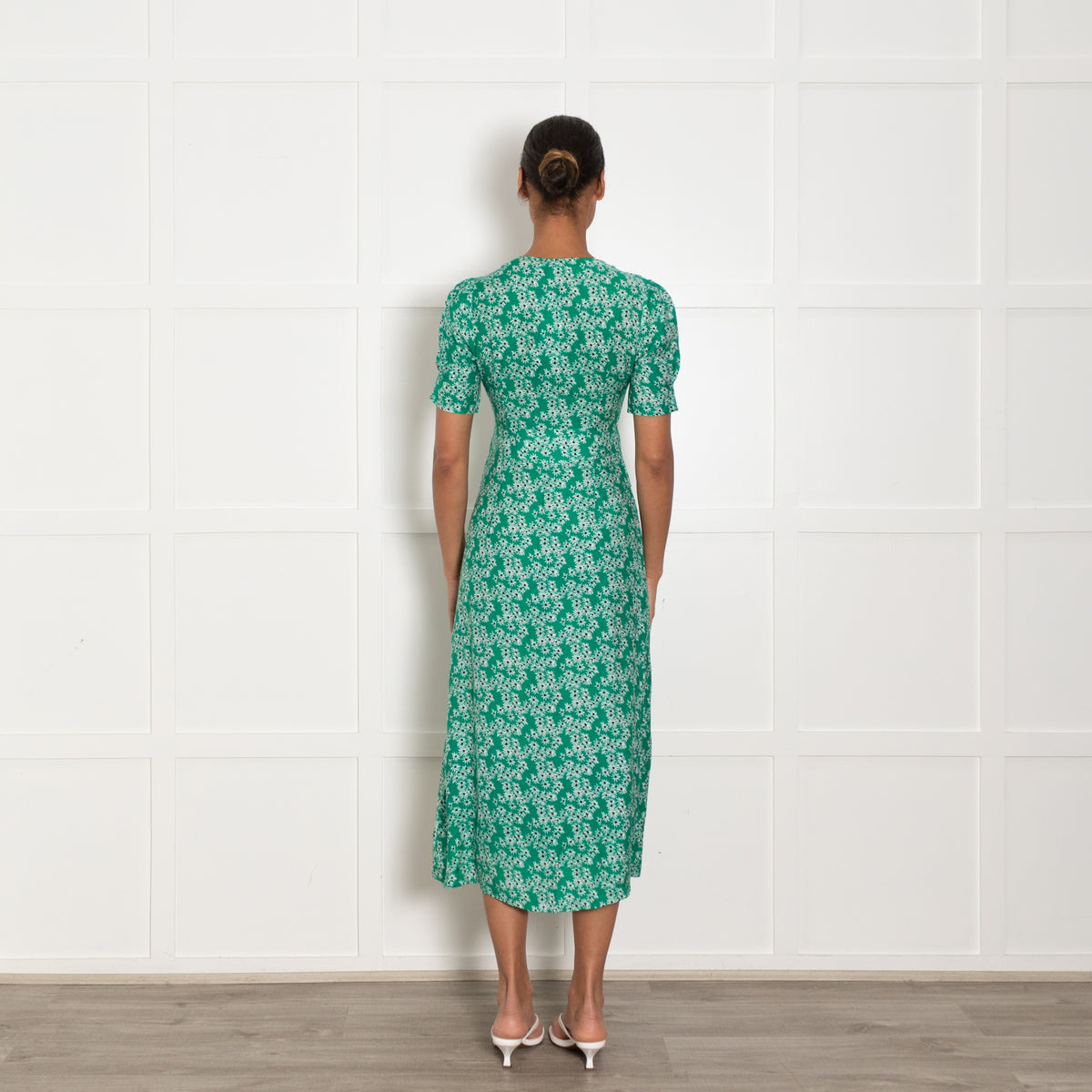 Rixo Green White Floral Midi Dress