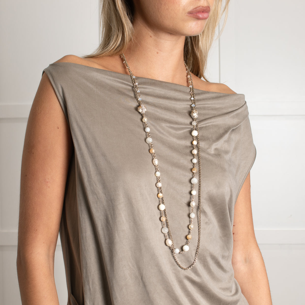 Chanel Cream Caramel Bead Faux Pearl Metal Long Necklace