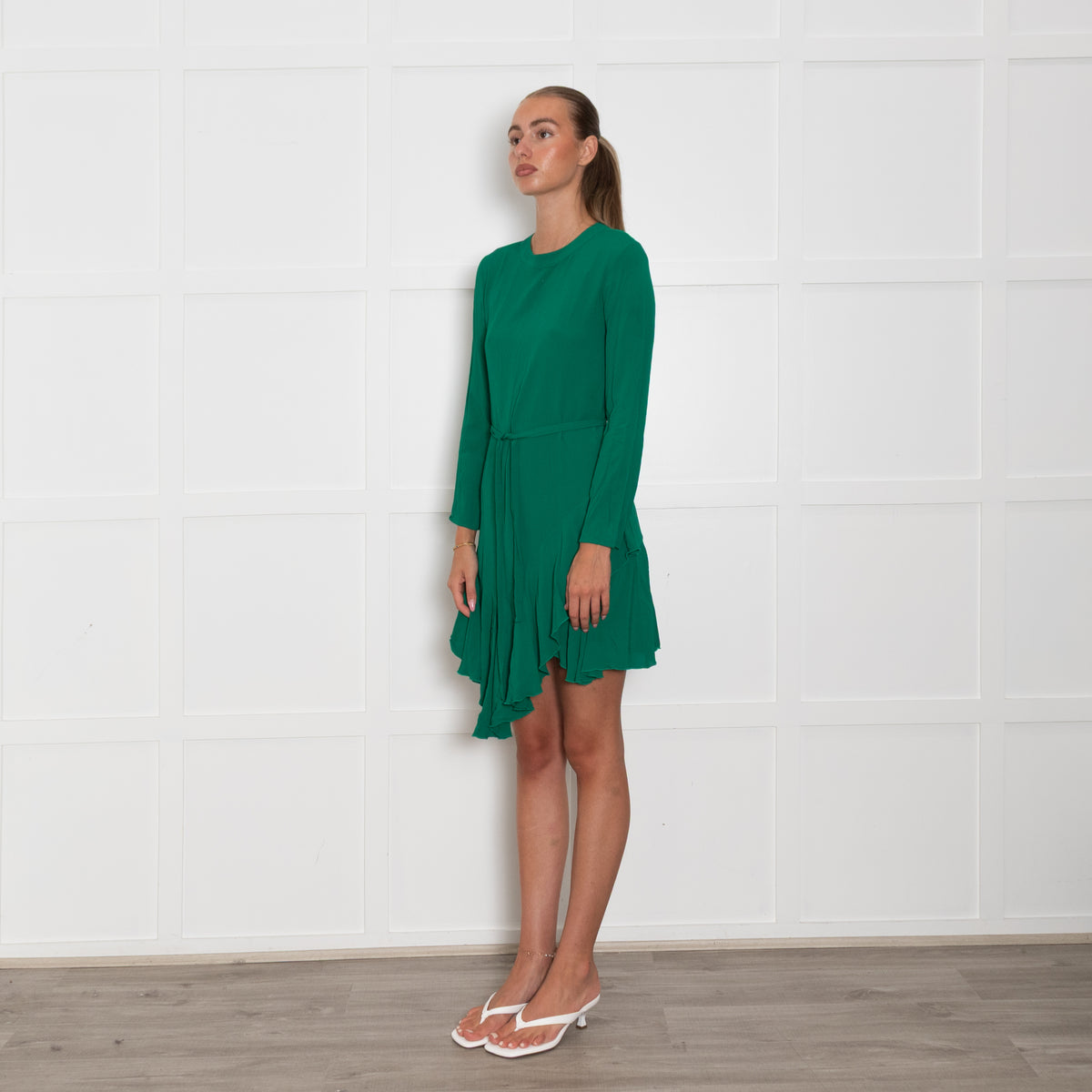 Maje Green Frill Detail Long Sleeve Mini Dress