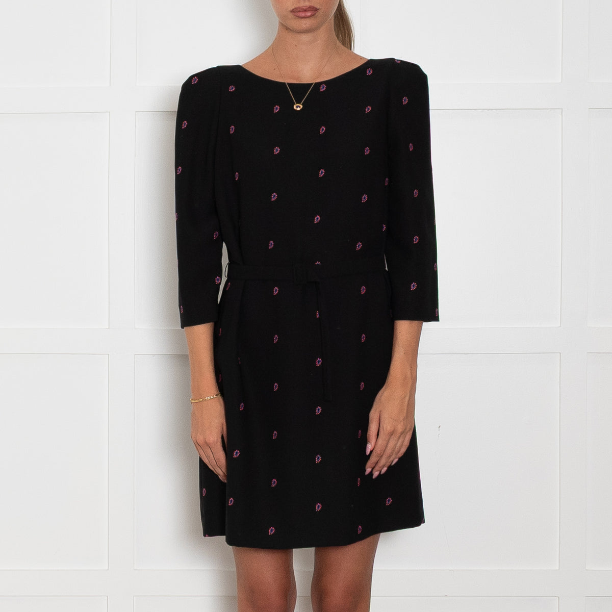 Claudie Pierlot Black Shift Dress with Orange and Pink Embroidered Paisleys