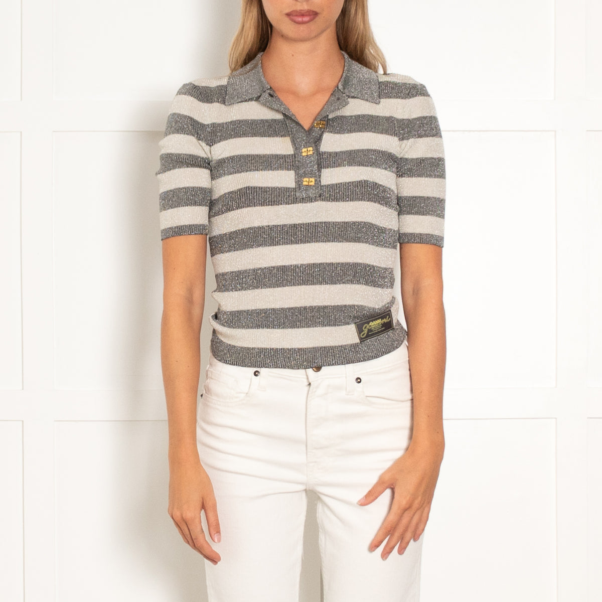 Ganni Cream And Grey Metallic Striped Fitted Button Up T- Shirt